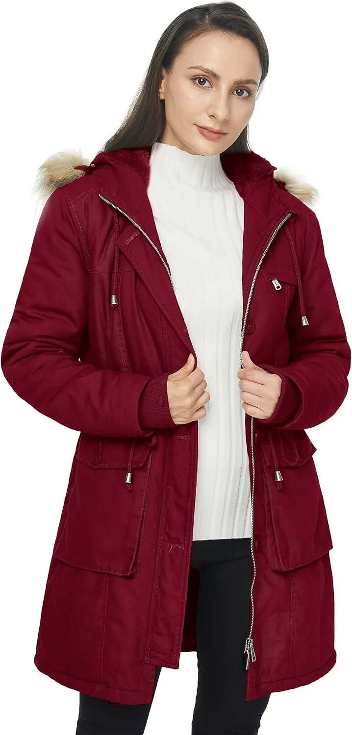 WenVen Women's Winter Thicken Fleece Jacket Fur Hooded Military Parka Coat