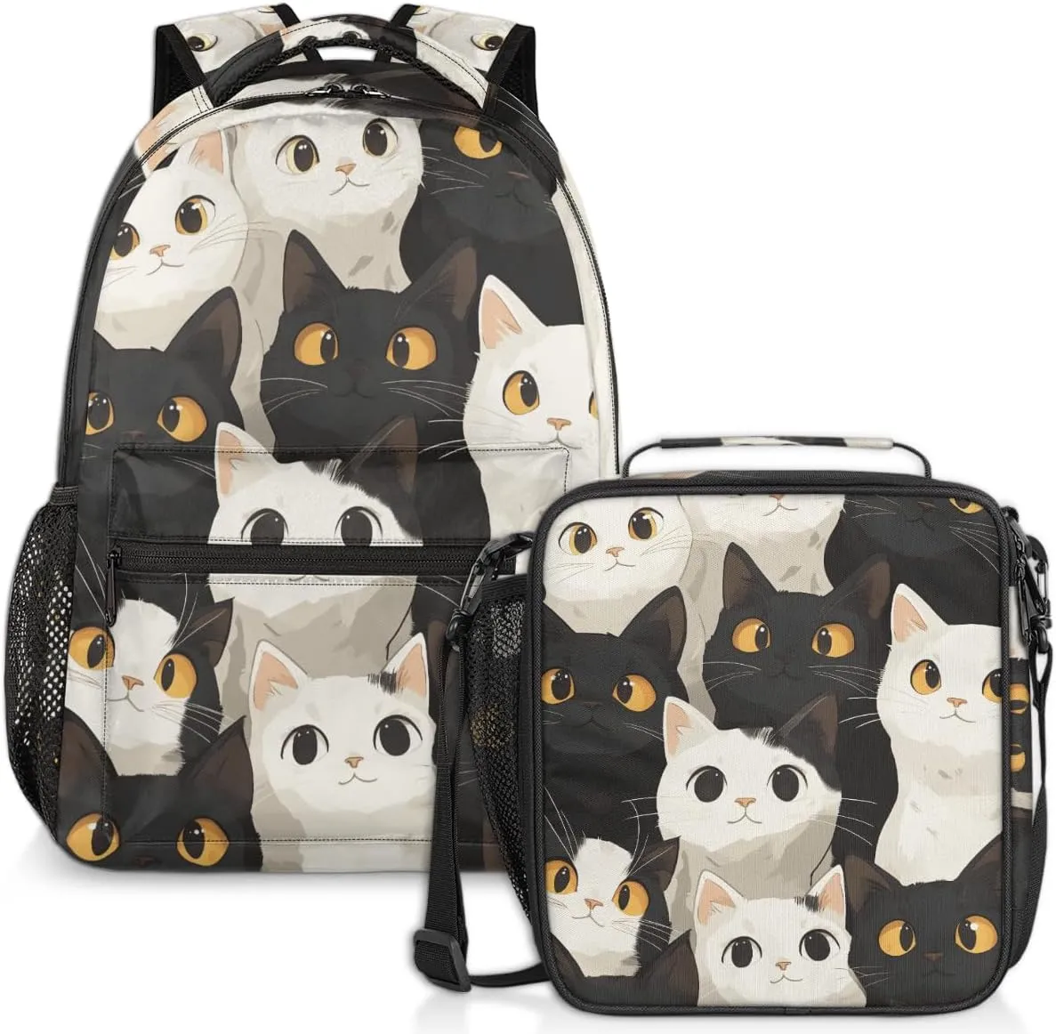 White Cats Lunch Backpack Black Kitten Laptop Backpacks Set with Insulated Cooler Lunch Box Leak Proof Lunch Bag for Women Men Work Camping Travel Daypack