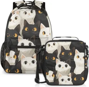 White Cats Lunch Backpack Black Kitten Laptop Backpacks Set with Insulated Cooler Lunch Box Leak Proof Lunch Bag for Women Men Work Camping Travel Daypack