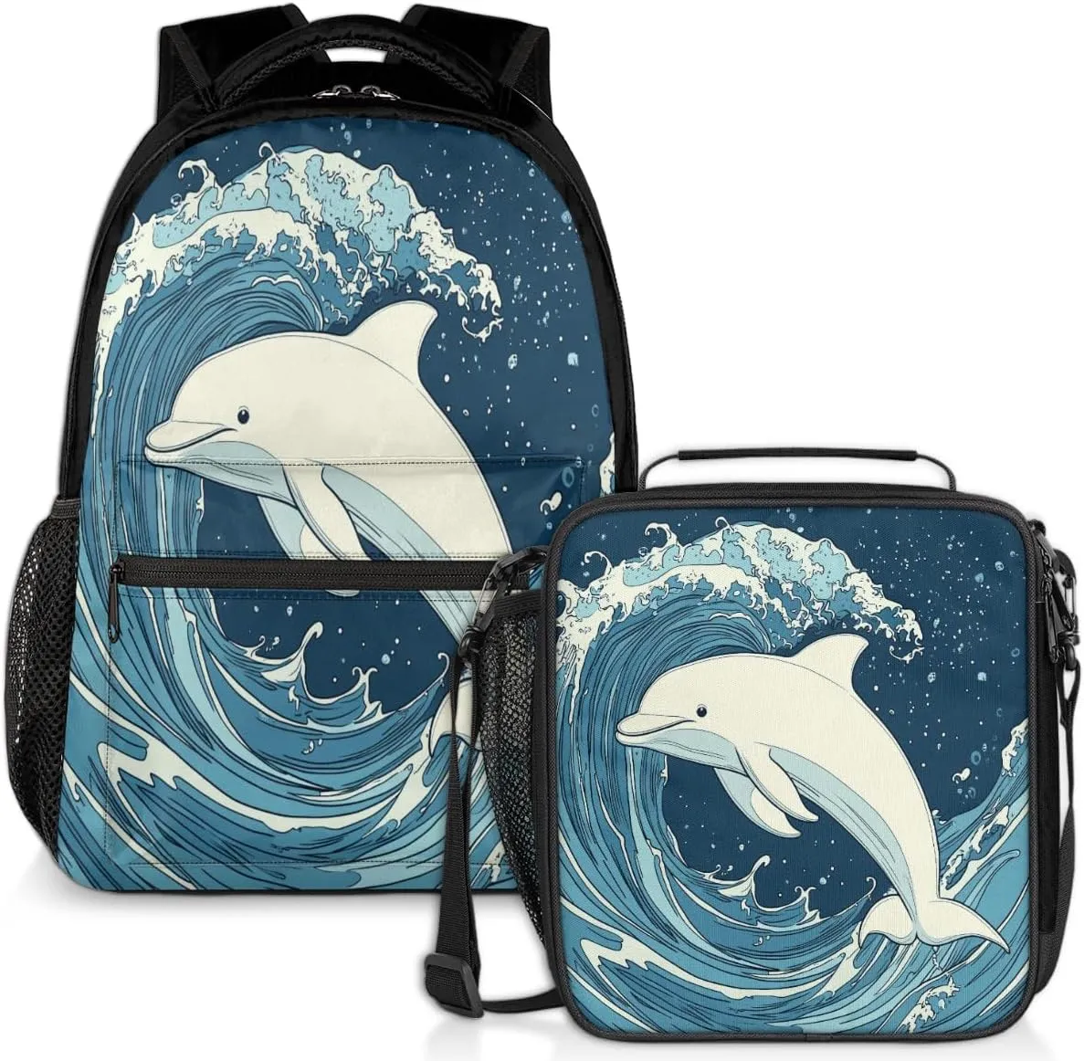 White Dolphin Lunch Backpack Ocean Waves Laptop Backpacks Set with Insulated Cooler Lunch Box Leak Proof Lunch Bag for Women Men Work Camping Travel Daypack