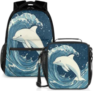 White Dolphin Lunch Backpack Ocean Waves Laptop Backpacks Set with Insulated Cooler Lunch Box Leak Proof Lunch Bag for Women Men Work Camping Travel Daypack
