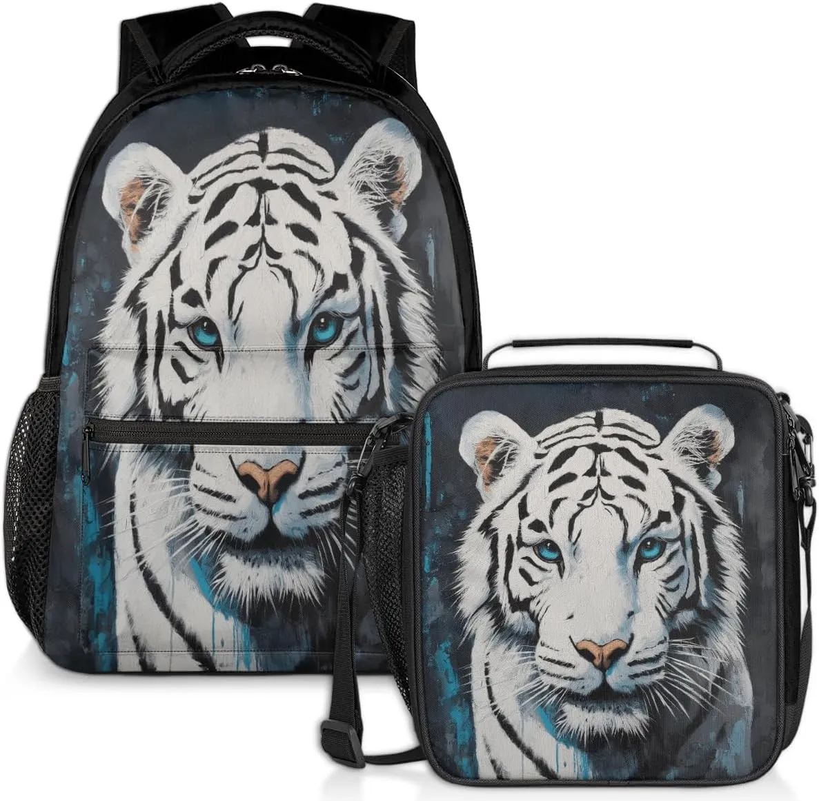 White Tiger Lunch Backpack Watercolor Blue Gray Laptop Backpacks Set with Insulated Cooler Lunch Box Leak Proof Lunch Bag for Women Men Work Camping Travel Daypack