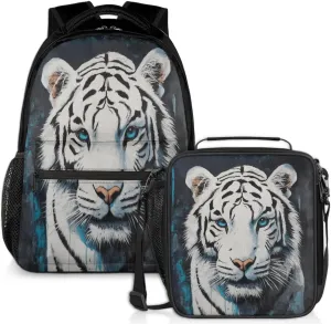 White Tiger Lunch Backpack Watercolor Blue Gray Laptop Backpacks Set with Insulated Cooler Lunch Box Leak Proof Lunch Bag for Women Men Work Camping Travel Daypack