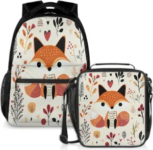 Wild Fox Lunch Backpack Animal Flowers Laptop Backpacks Set with Insulated Cooler Lunch Box Leak Proof Lunch Bag for Women Men Work Travel Camping Daypack