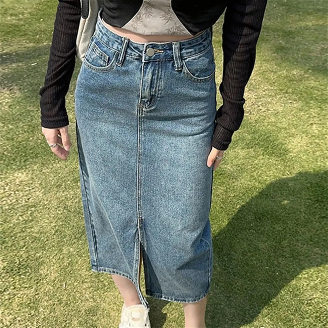 Women High Waisted Denim Jeans Mid Long Style Hip A-Line Split Denim Skirt
