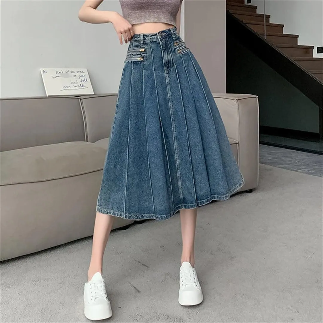 Women Vintage Denim Pleated Skirt Streetwear High Waist A-Line Jeans Midi Skirts Korean Clothing