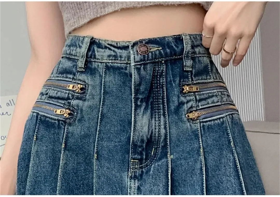 Women Vintage Denim Pleated Skirt Streetwear High Waist A-Line Jeans Midi Skirts Korean Clothing