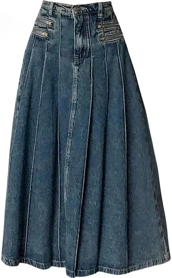 Women Vintage Denim Pleated Skirt Streetwear High Waist A-Line Jeans Midi Skirts Korean Clothing