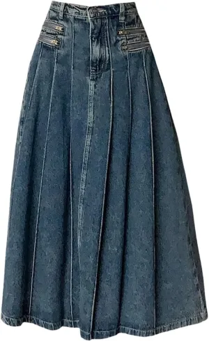 Women Vintage Denim Pleated Skirt Streetwear High Waist A-Line Jeans Midi Skirts Korean Clothing