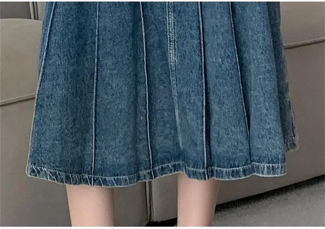 Women Vintage Denim Pleated Skirt Streetwear High Waist A-Line Jeans Midi Skirts Korean Clothing