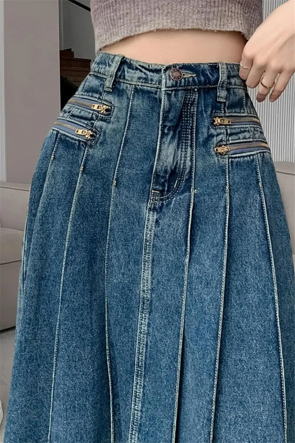 Women Vintage Denim Pleated Skirt Streetwear High Waist A-Line Jeans Midi Skirts Korean Clothing