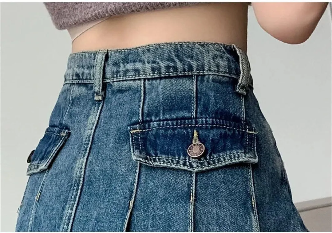 Women Vintage Denim Pleated Skirt Streetwear High Waist A-Line Jeans Midi Skirts Korean Clothing