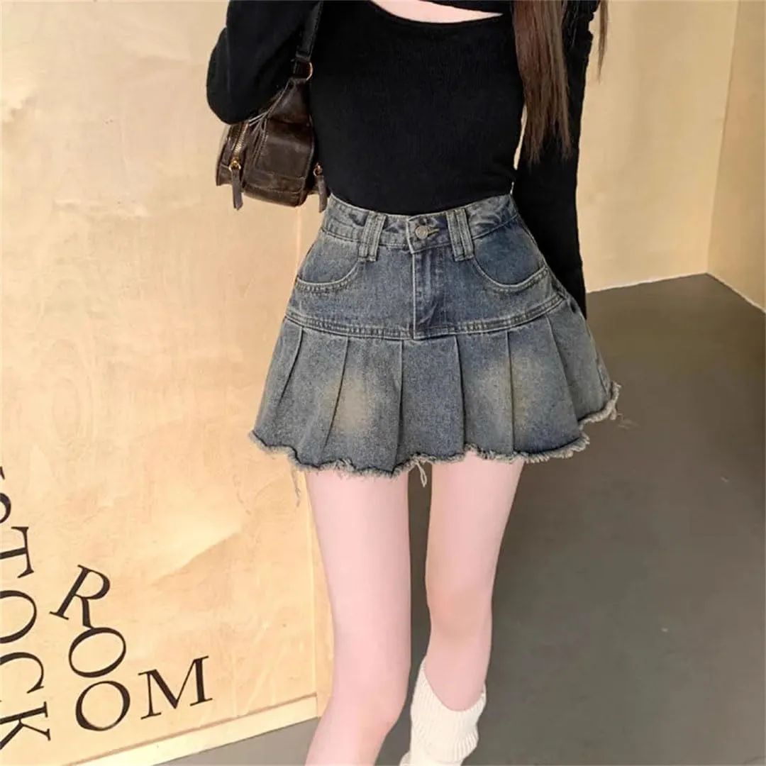 Women Vintage Denim Skirt Streetwear Spliced Pleated Skirts Korean Style High Waisted Mini Skirt