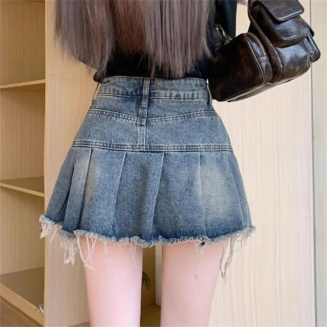 Women Vintage Denim Skirt Streetwear Spliced Pleated Skirts Korean Style High Waisted Mini Skirt