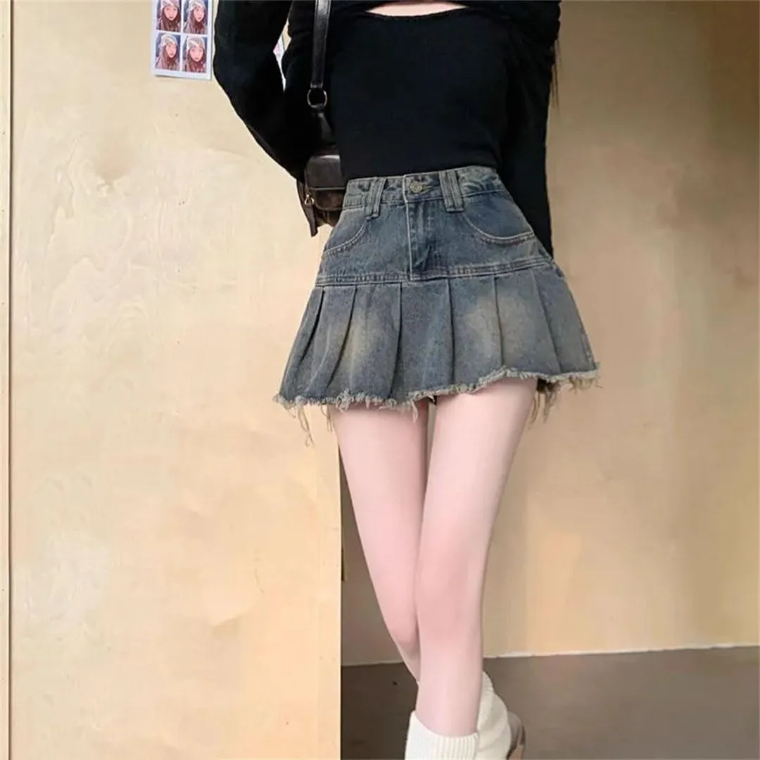 Women Vintage Denim Skirt Streetwear Spliced Pleated Skirts Korean Style High Waisted Mini Skirt