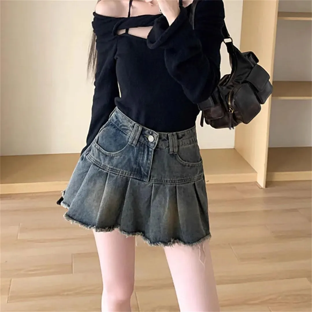 Women Vintage Denim Skirt Streetwear Spliced Pleated Skirts Korean Style High Waisted Mini Skirt