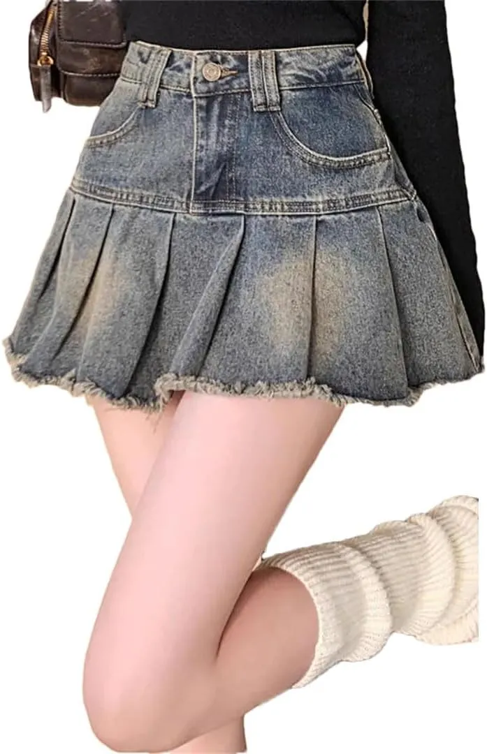 Women Vintage Denim Skirt Streetwear Spliced Pleated Skirts Korean Style High Waisted Mini Skirt