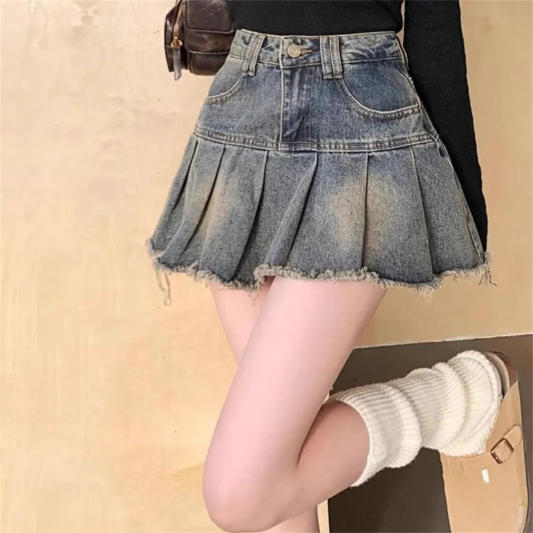 Women Vintage Denim Skirt Streetwear Spliced Pleated Skirts Korean Style High Waisted Mini Skirt