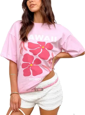 Women Vintage Oceanside Seafood Graphic Letter Print Aesthetics Short Sleeves Oversized Tee T-Shirt
