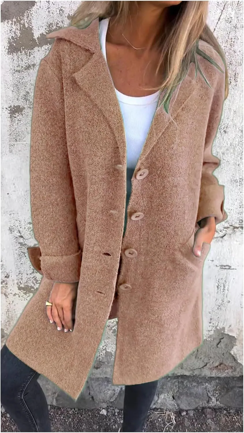 Women's 2024 Solid Color Cardigan Mid Long Coats Casual Button Wool Blend Winter Tartan Trench Coat with Pockets