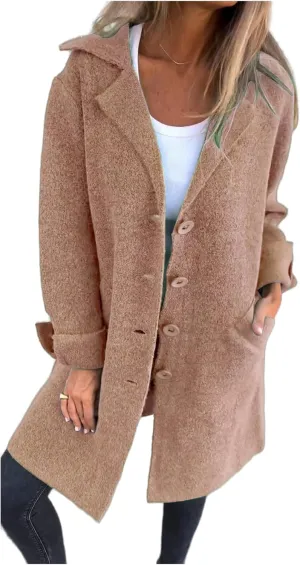 Women's 2024 Solid Color Cardigan Mid Long Coats Casual Button Wool Blend Winter Tartan Trench Coat with Pockets