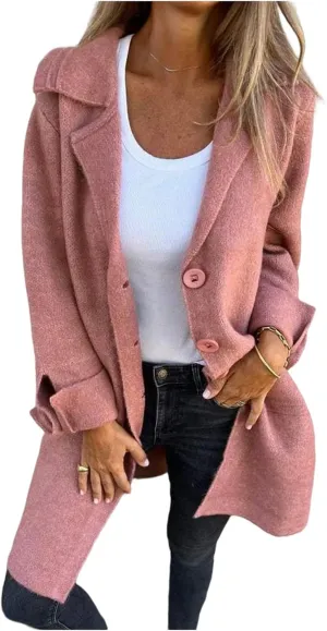 Women's 2024 Solid Color Cardigan Mid Long Coats Casual Button Wool Blend Winter Tartan Trench Coat with Pockets