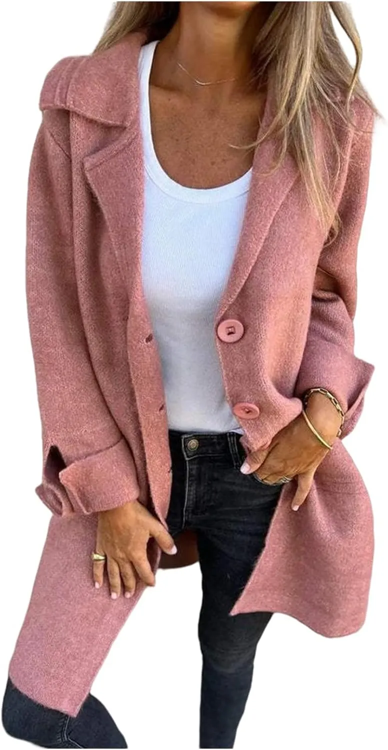 Women's 2024 Solid Color Cardigan Mid Long Coats Casual Button Wool Blend Winter Tartan Trench Coat with Pockets