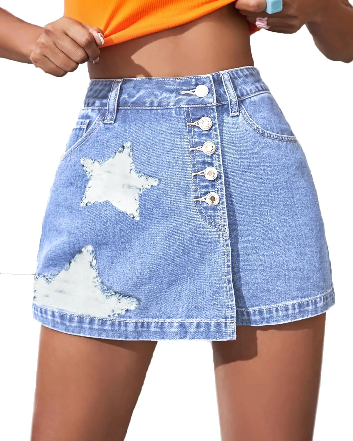 Women's A Line Denim Shorts High Waisted Casual Button Up Asymmetrical Star Print Mini Jean Skort Skirts