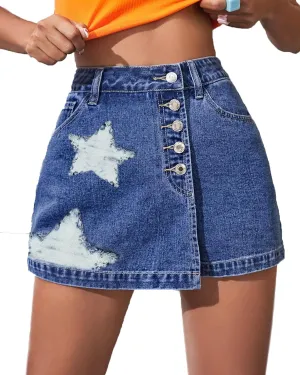 Women's A Line Denim Shorts High Waisted Casual Button Up Asymmetrical Star Print Mini Jean Skort Skirts
