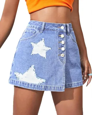 Women's A Line Denim Shorts High Waisted Casual Button Up Asymmetrical Star Print Mini Jean Skort Skirts