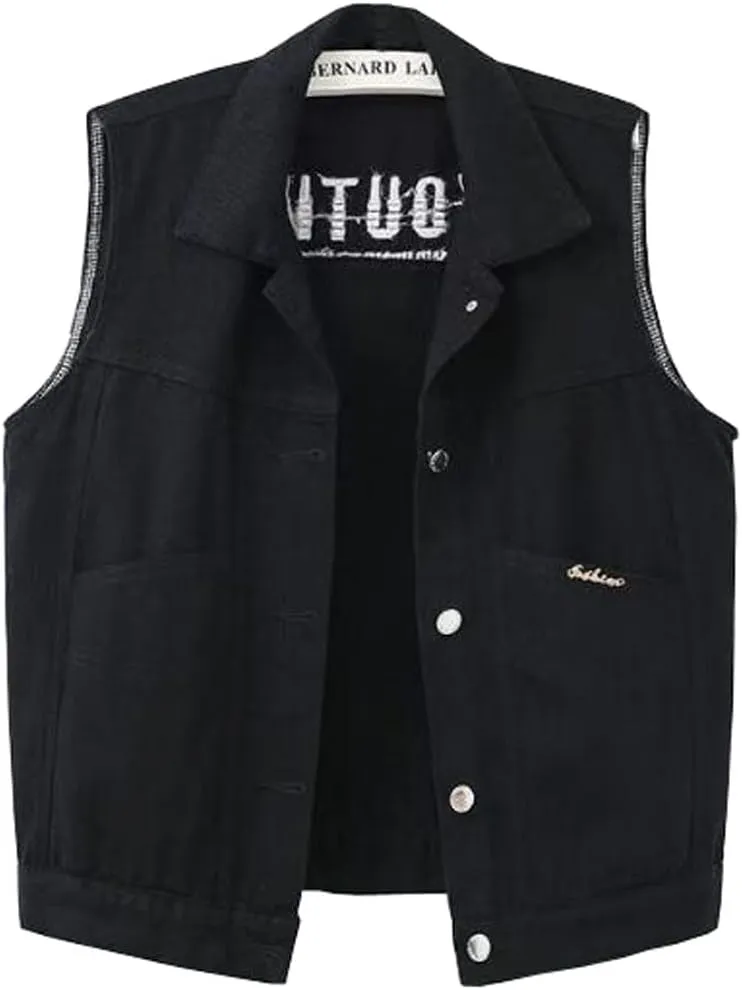 Womens Beading Pearls Denim Button Vest Ripped Waistcoatvest Sleeveless Jean Jacket