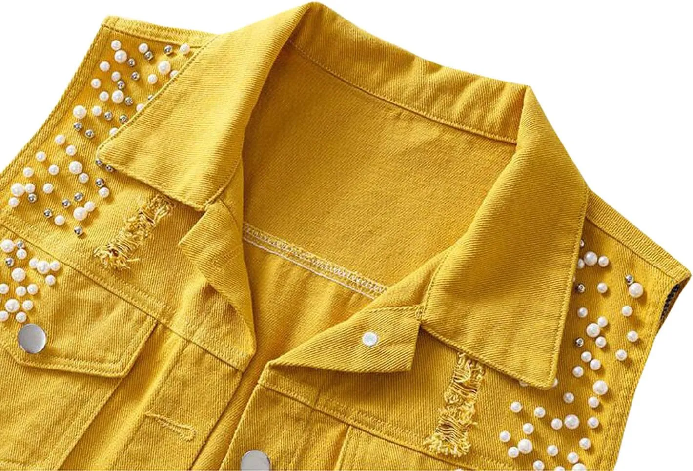 Womens Beading Pearls Denim Button Vest Ripped Waistcoatvest Sleeveless Jean Jacket