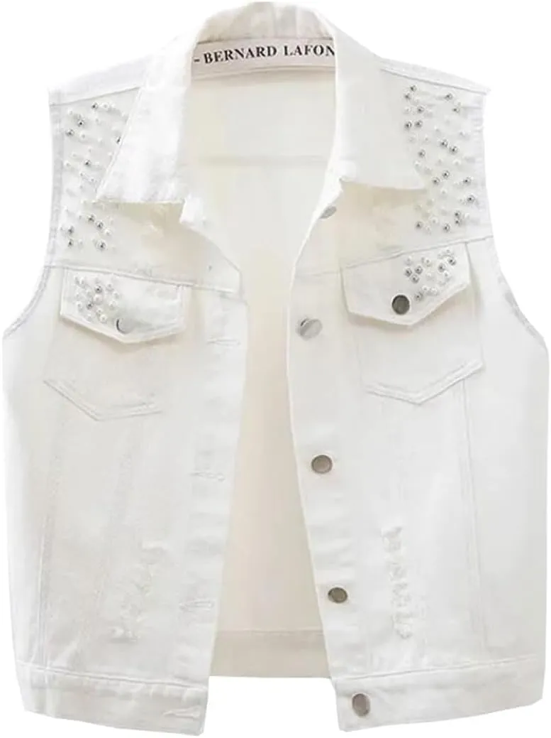 Womens Beading Pearls Denim Button Vest Ripped Waistcoatvest Sleeveless Jean Jacket