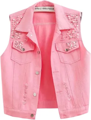 Womens Beading Pearls Denim Button Vest Ripped Waistcoatvest Sleeveless Jean Jacket