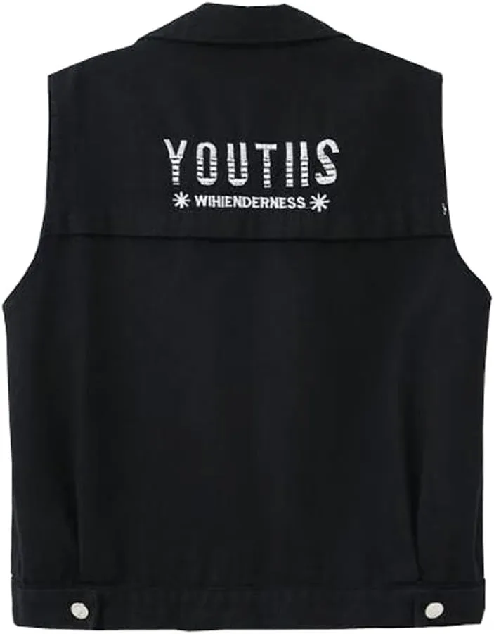 Womens Beading Pearls Denim Button Vest Ripped Waistcoatvest Sleeveless Jean Jacket