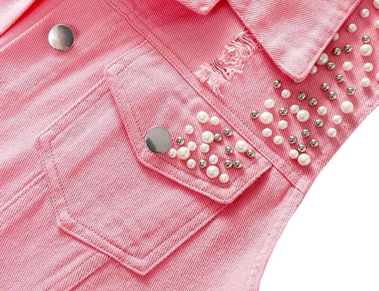 Womens Beading Pearls Denim Button Vest Ripped Waistcoatvest Sleeveless Jean Jacket