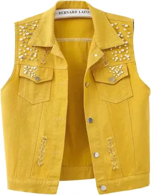 Womens Beading Pearls Denim Button Vest Ripped Waistcoatvest Sleeveless Jean Jacket