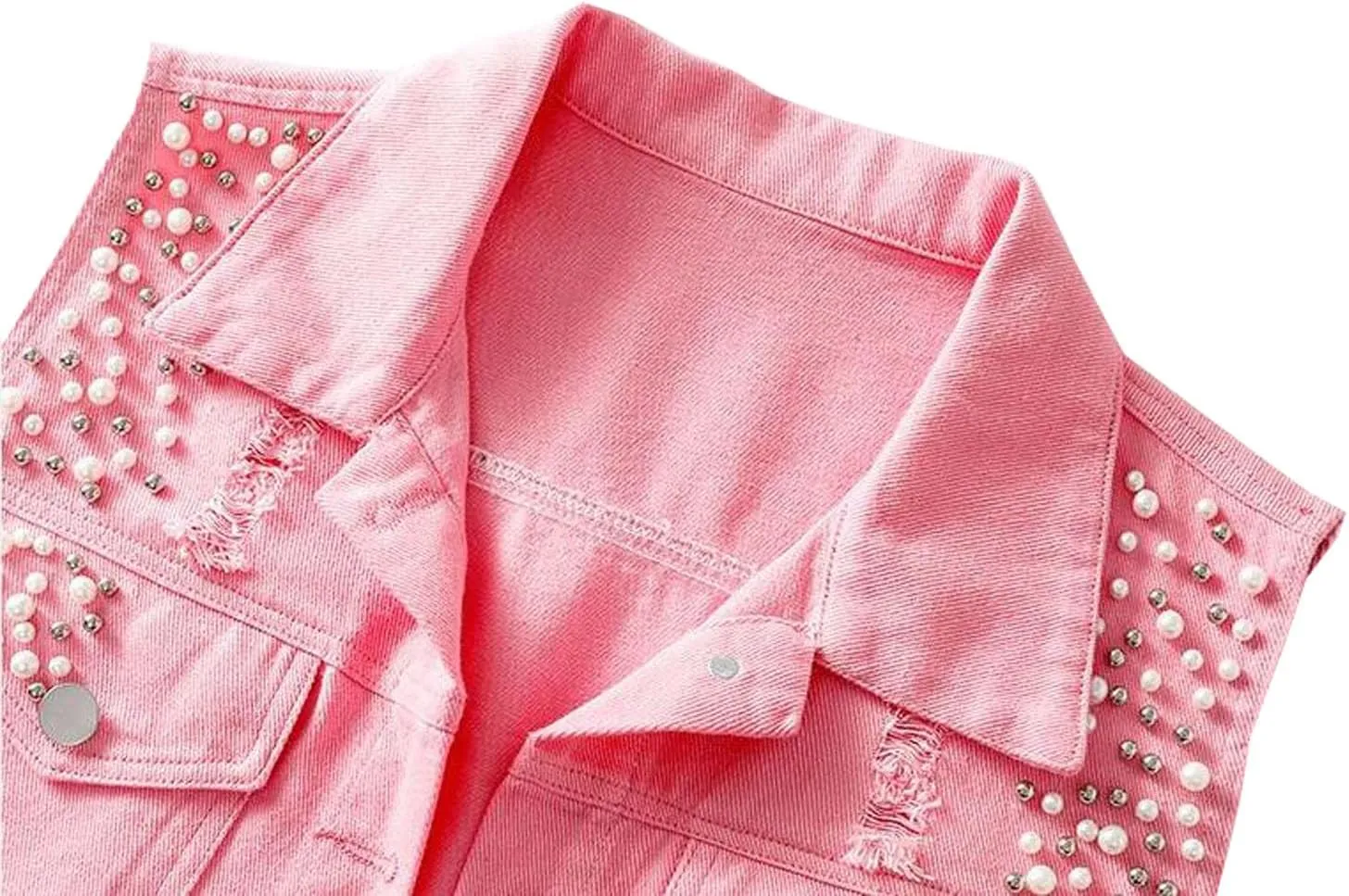 Womens Beading Pearls Denim Button Vest Ripped Waistcoatvest Sleeveless Jean Jacket
