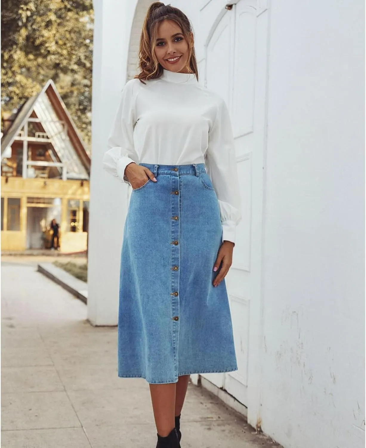 Women's Button Down Denim Skirt High Waisted Casual Loose Jean Midi Skirts with Pockets
