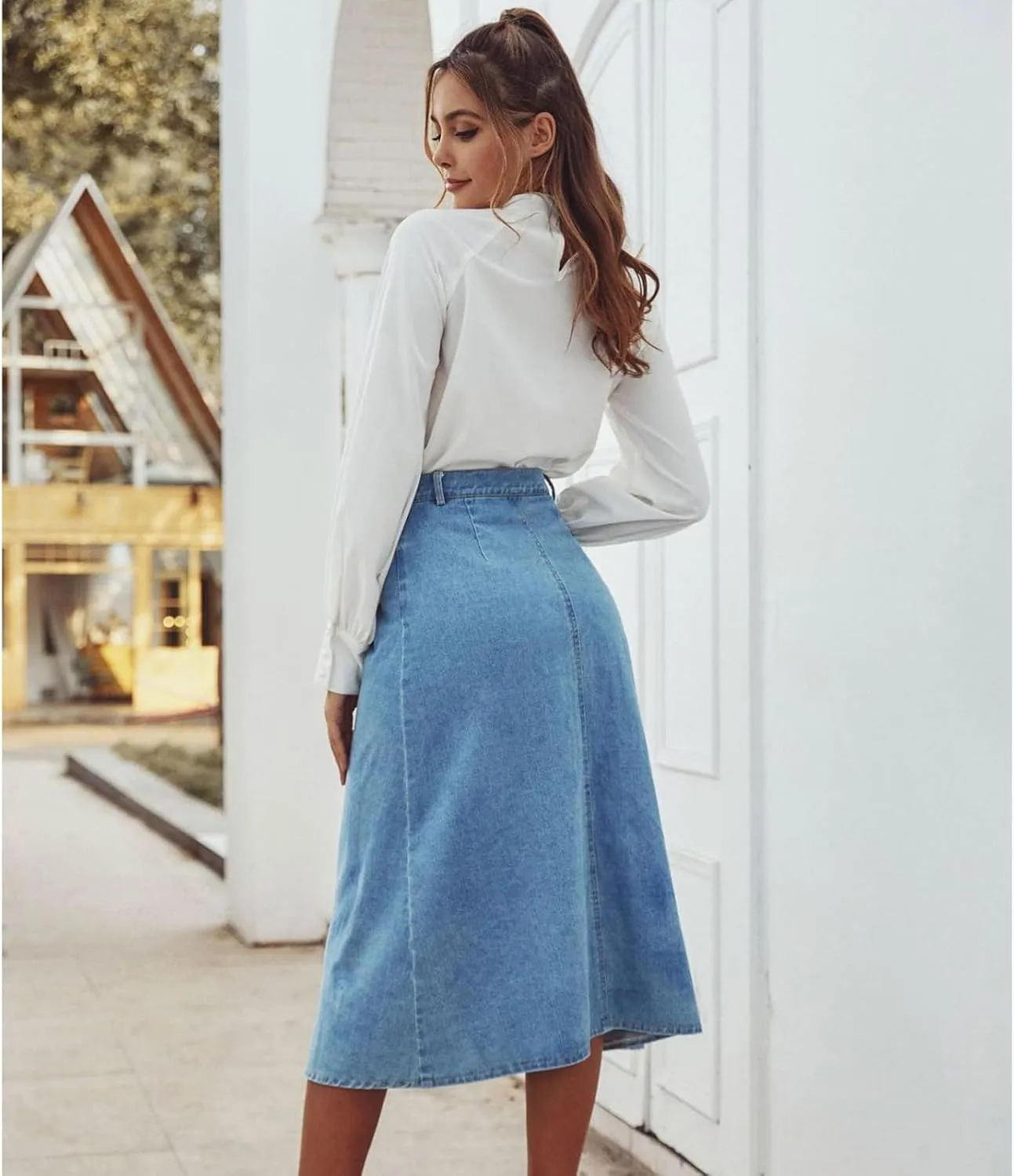 Women's Button Down Denim Skirt High Waisted Casual Loose Jean Midi Skirts with Pockets