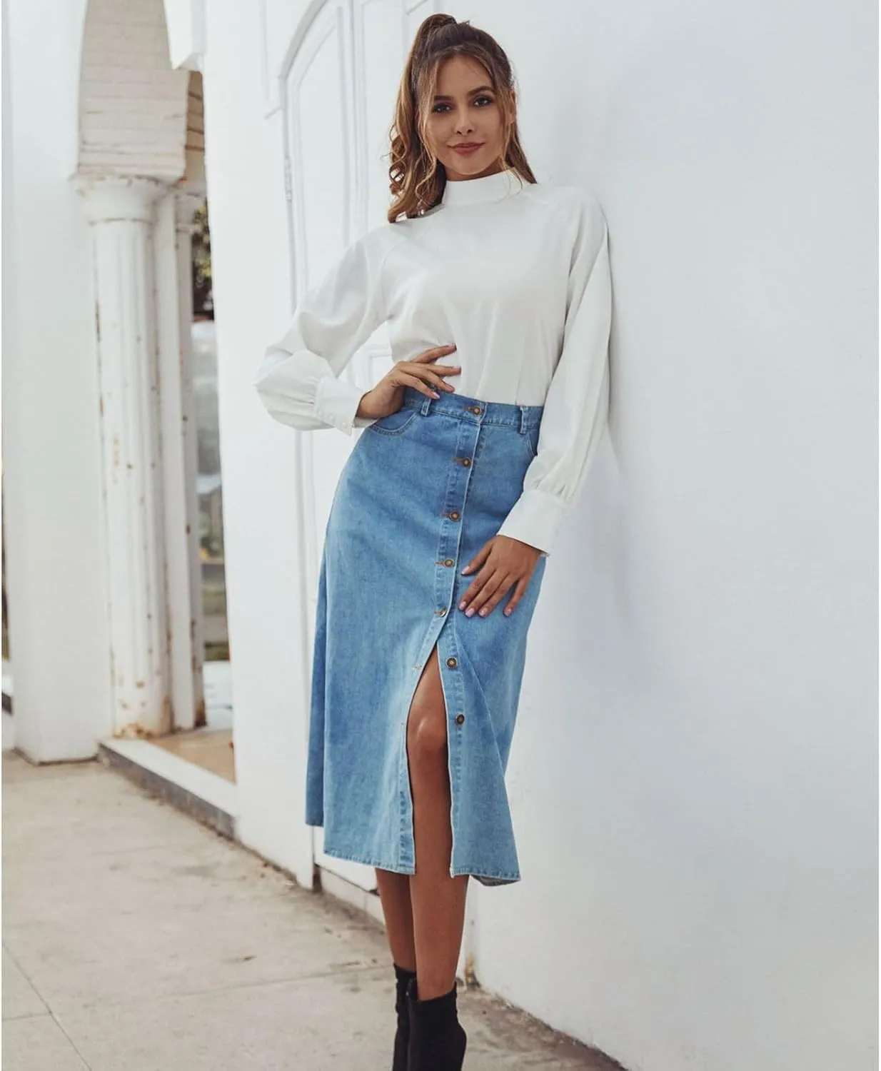 Women's Button Down Denim Skirt High Waisted Casual Loose Jean Midi Skirts with Pockets