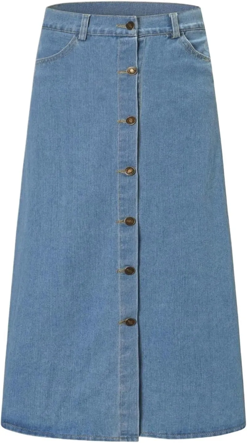 Women's Button Down Denim Skirt High Waisted Casual Loose Jean Midi Skirts with Pockets