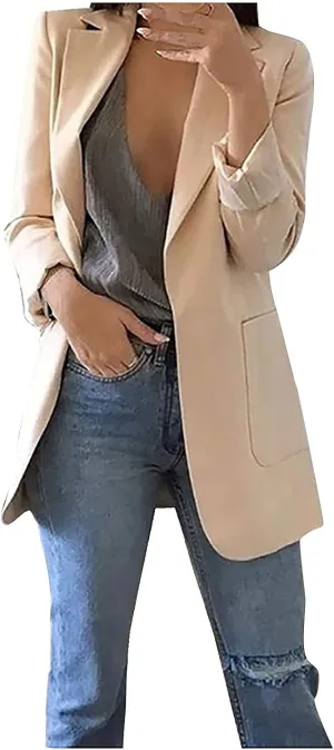 Womens Casual Blazer Fall Windproof Coat Solid Business Suit Work Office Jacket with Pocket Cardigans Plus Size Outwear