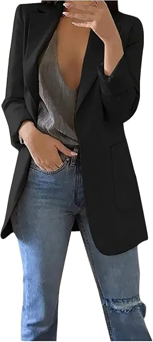 Womens Casual Blazer Fall Windproof Coat Solid Business Suit Work Office Jacket with Pocket Cardigans Plus Size Outwear