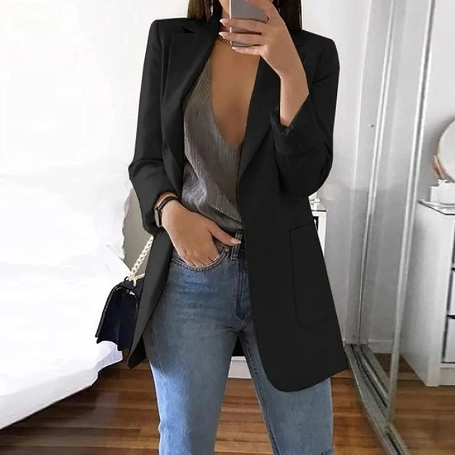 Womens Casual Blazer Fall Windproof Coat Solid Business Suit Work Office Jacket with Pocket Cardigans Plus Size Outwear