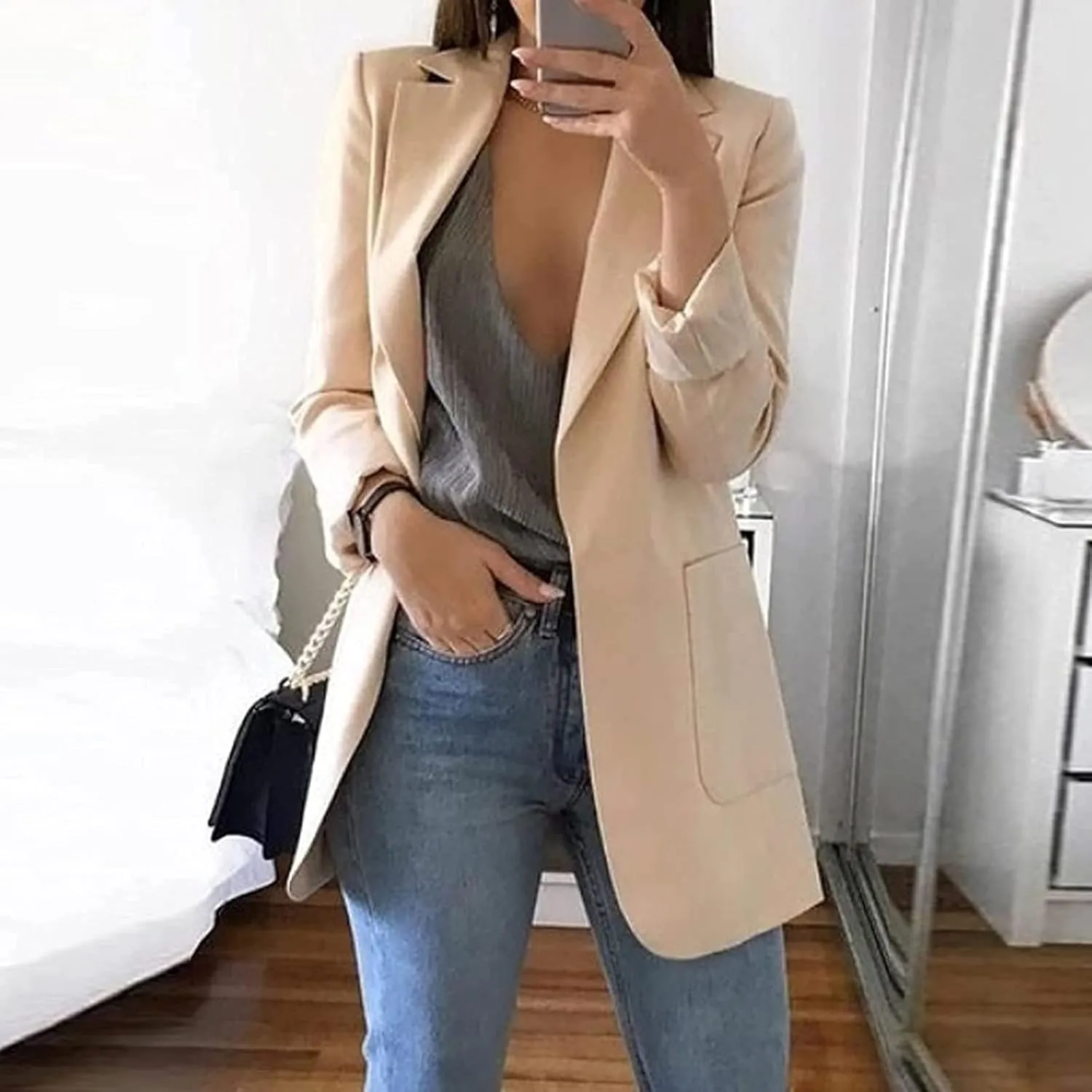 Womens Casual Blazer Fall Windproof Coat Solid Business Suit Work Office Jacket with Pocket Cardigans Plus Size Outwear