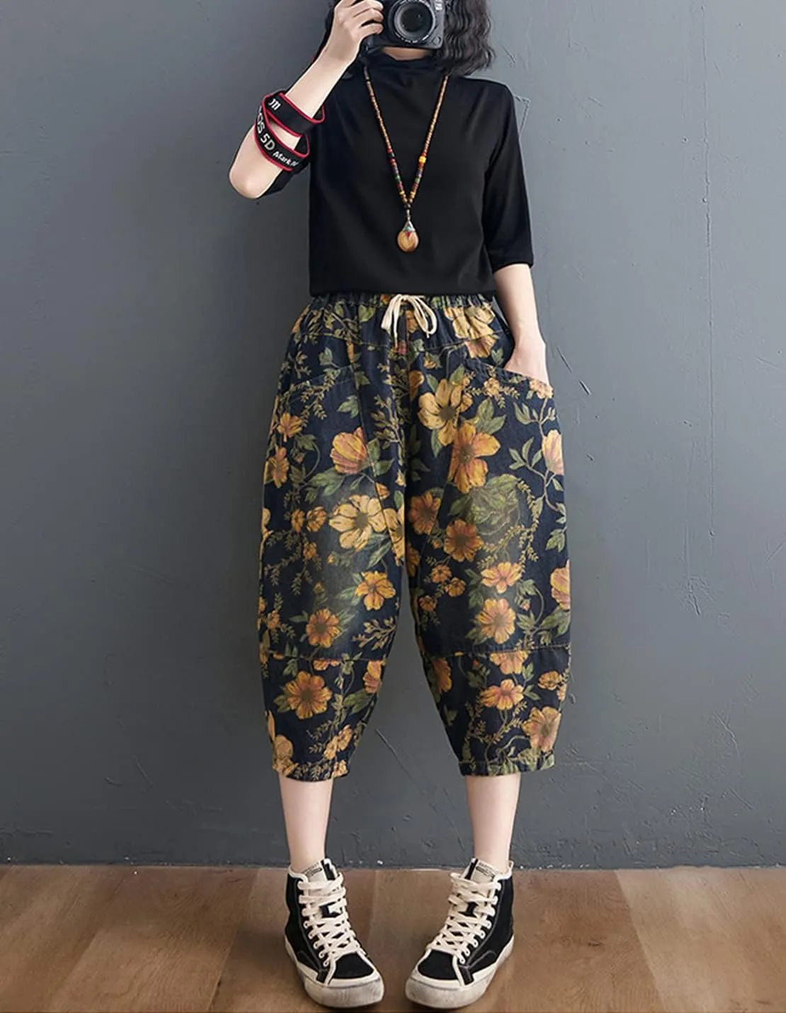 Women's Casual Denim Jeans Print Drawstring Elastic Waist Cotton Loose Splicing Harem Pants