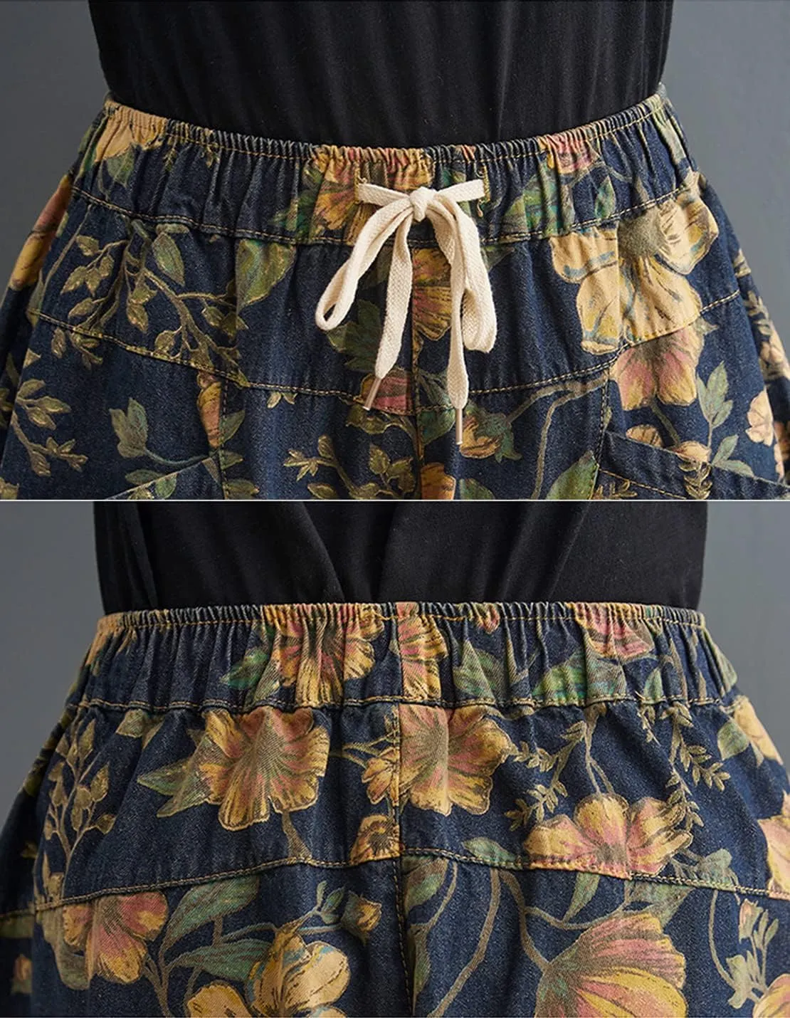Women's Casual Denim Jeans Print Drawstring Elastic Waist Cotton Loose Splicing Harem Pants