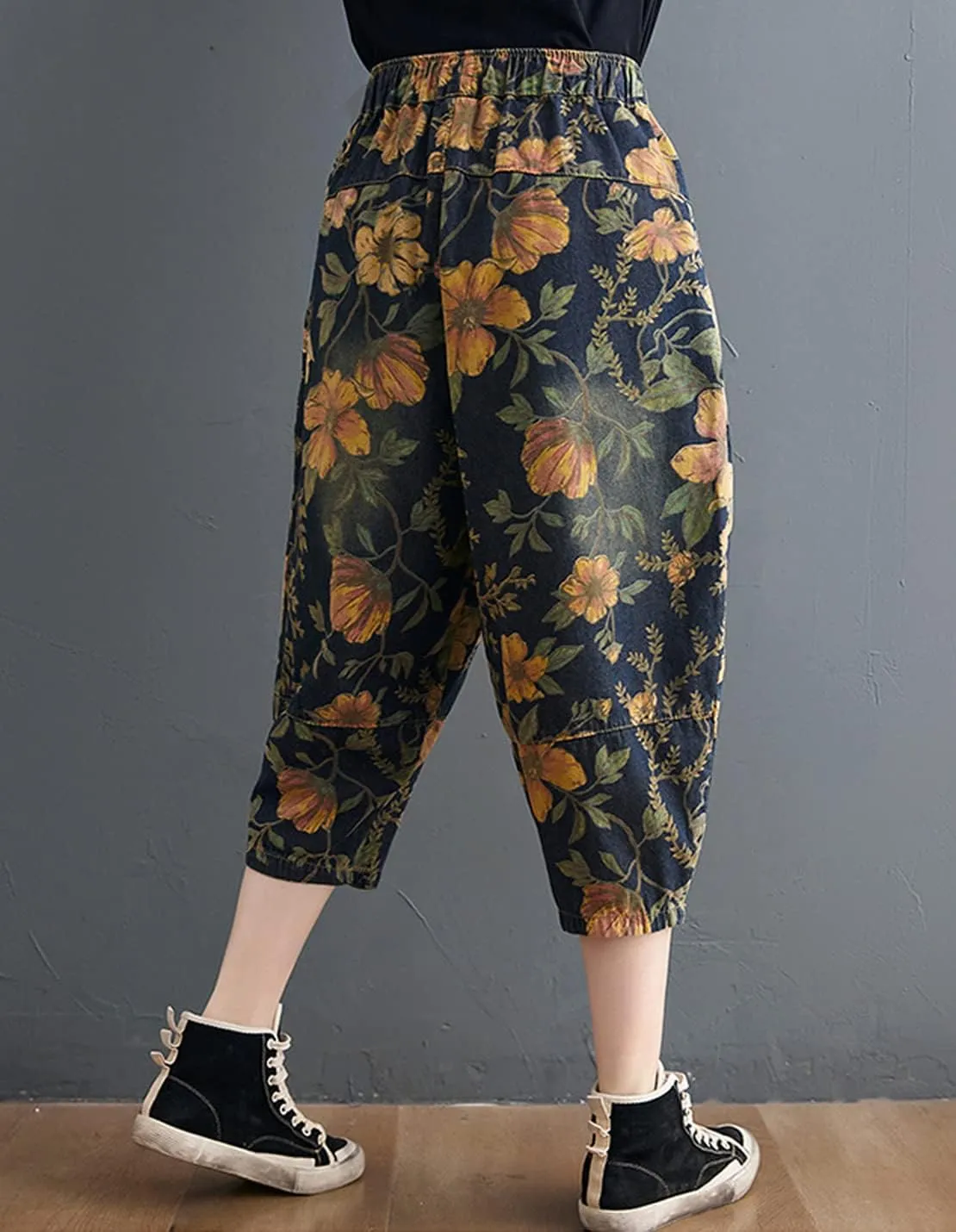 Women's Casual Denim Jeans Print Drawstring Elastic Waist Cotton Loose Splicing Harem Pants