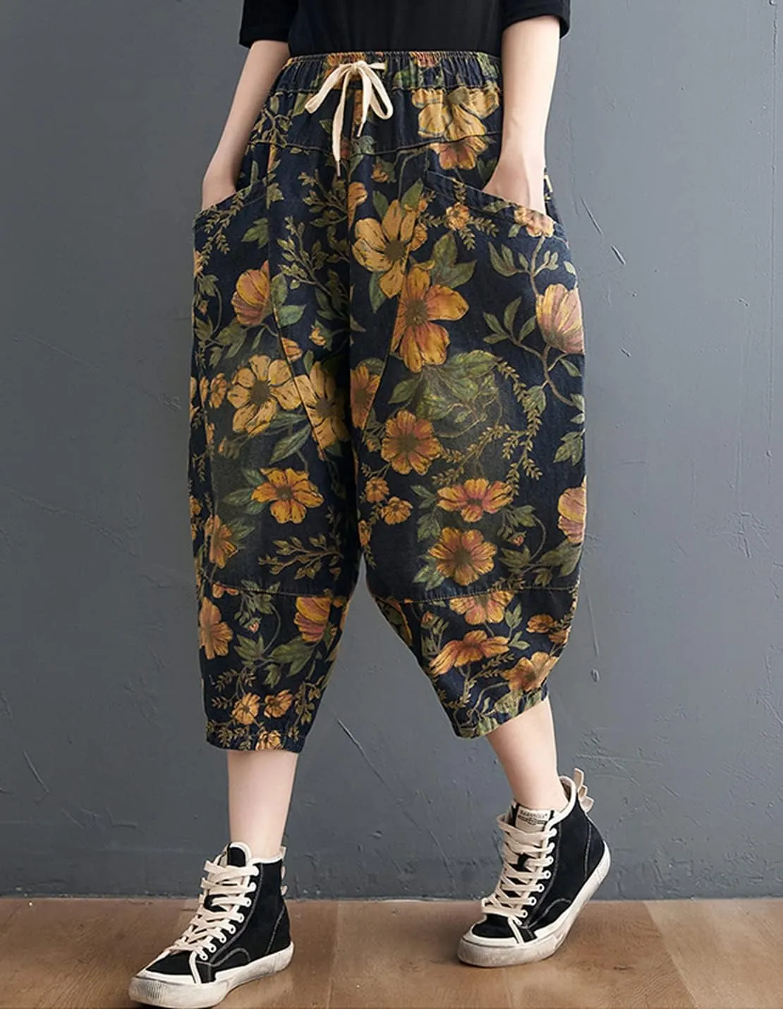 Women's Casual Denim Jeans Print Drawstring Elastic Waist Cotton Loose Splicing Harem Pants